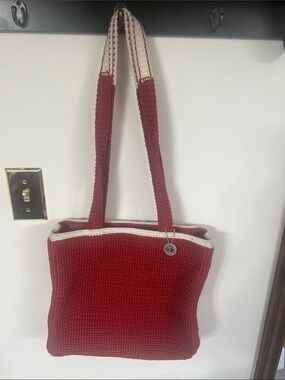 The Sak  Red Crochet Tote Bag with Cream Trim